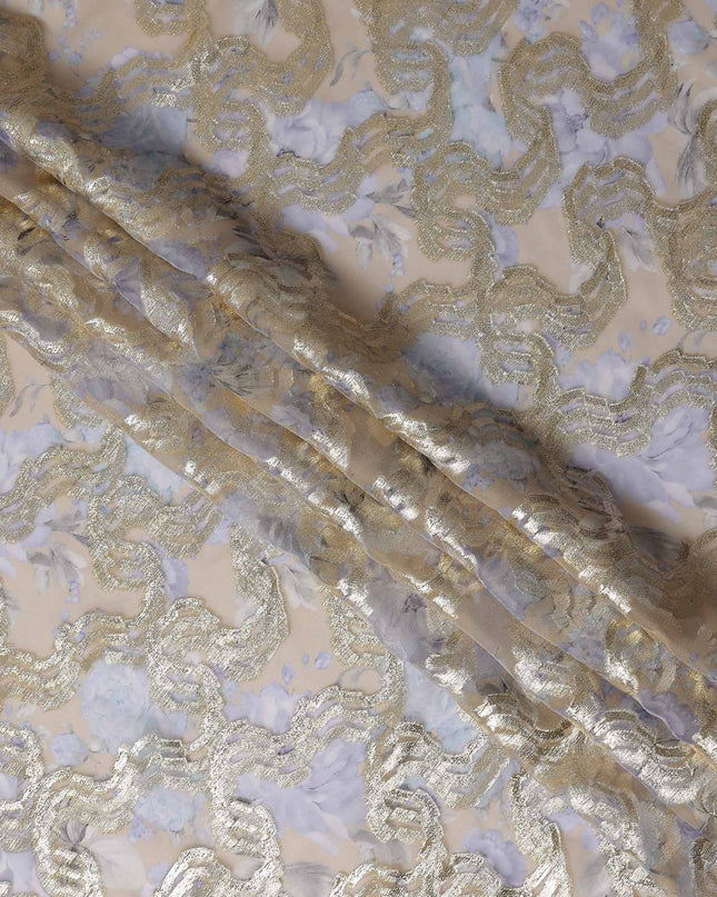 Golden Tan Lavender Floral Pure Silk Chiffon 140cm