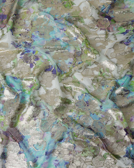 Meadow Green Multicolor Floral Pure Silk Chiffon 140cm