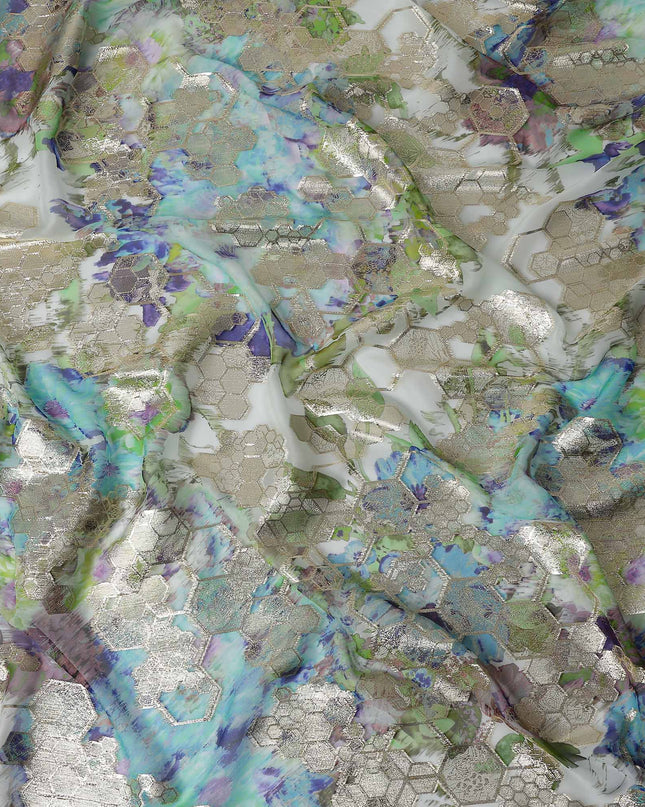 Meadow Green Multicolor Floral Pure Silk Chiffon 140cm