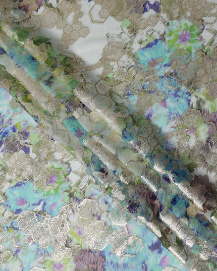 Meadow Green Multicolor Floral Pure Silk Chiffon 140cm