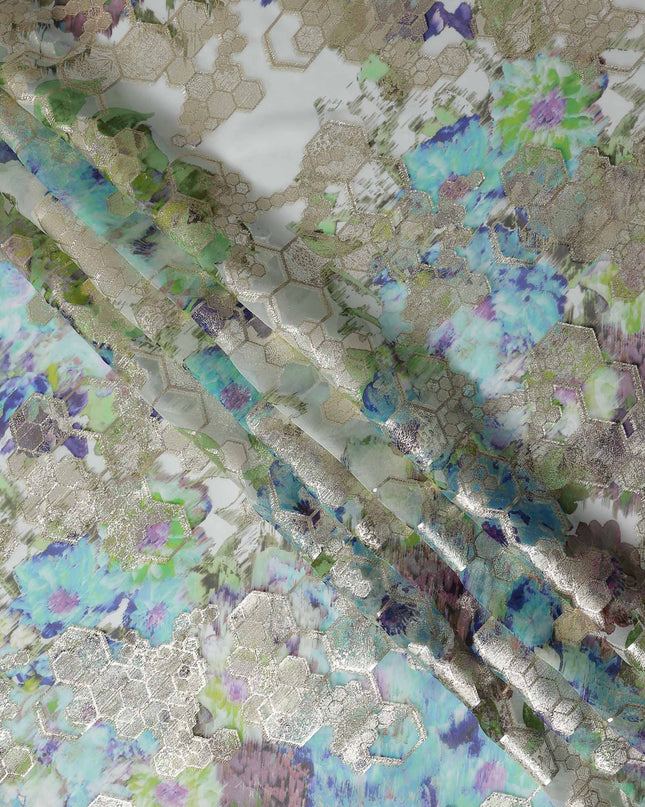 Meadow Green Multicolor Floral Pure Silk Chiffon 140cm