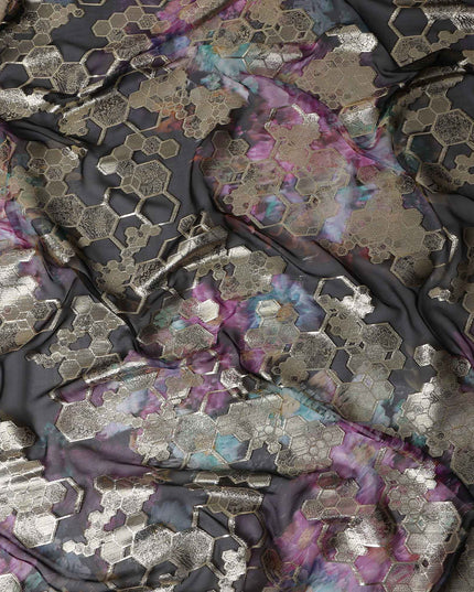 Charcoal Black Jewel Floral Pure Silk Chiffon 140cm