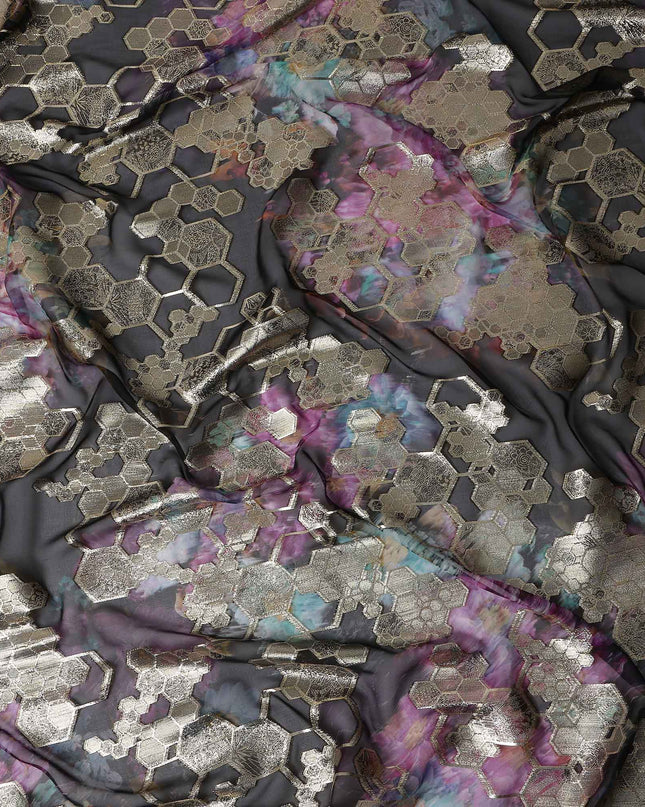 Charcoal Black Jewel Floral Pure Silk Chiffon 140cm