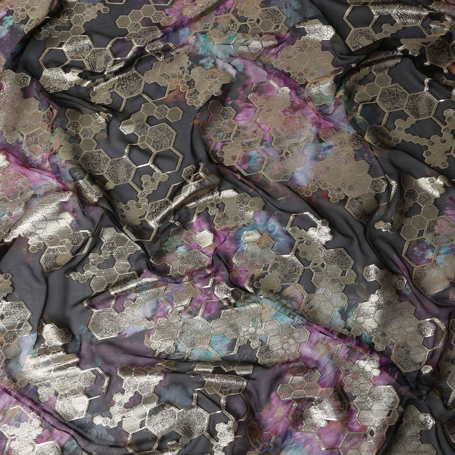 Charcoal Black Jewel Floral Pure Silk Chiffon 140cm