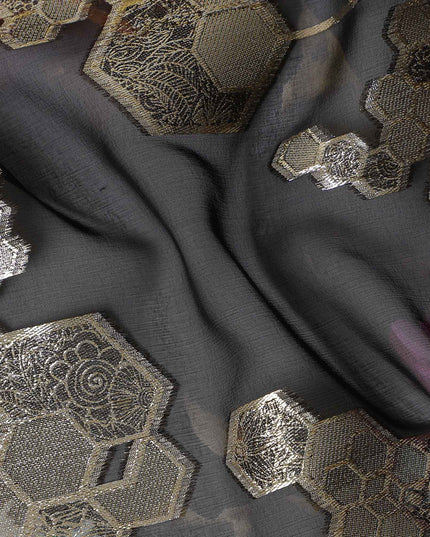 Charcoal Black Jewel Floral Pure Silk Chiffon 140cm