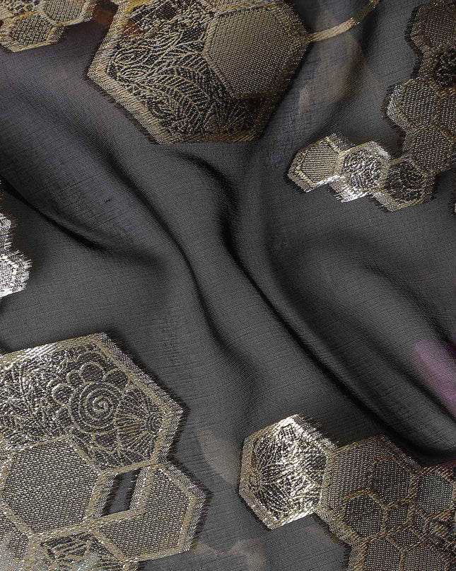 Charcoal Black Jewel Floral Pure Silk Chiffon 140cm