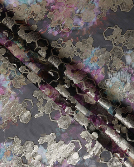 Charcoal Black Jewel Floral Pure Silk Chiffon 140cm
