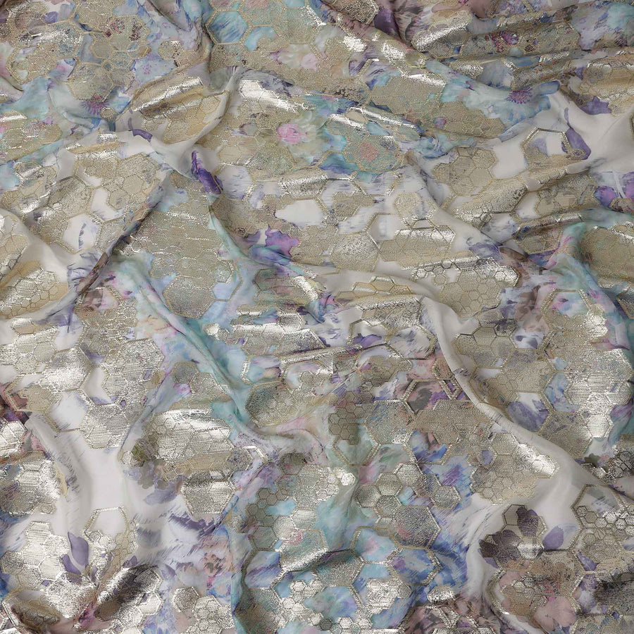 Ivory Beige Hex Floral Pure Silk Chiffon 140cm