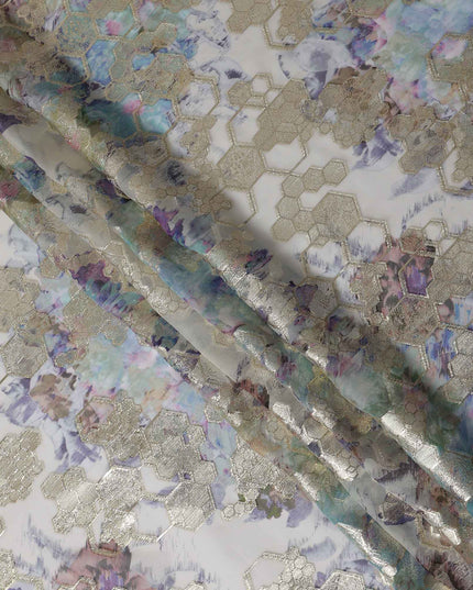 Ivory Beige Hex Floral Pure Silk Chiffon 140cm