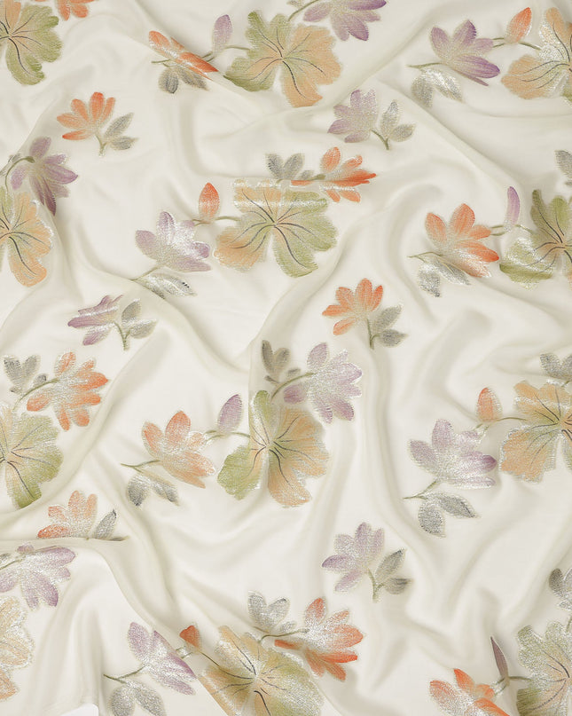 Ivory Floral Metallic Lurex Premium Pure Silk Chiffon Fabric 110 Cms Width South Korea-D28178