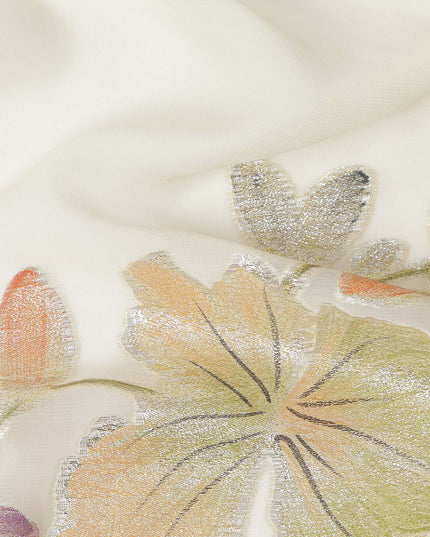 Ivory Floral Metallic Lurex Premium Pure Silk Chiffon Fabric 110 Cms Width South Korea-D28178 - Regal Fabrics
