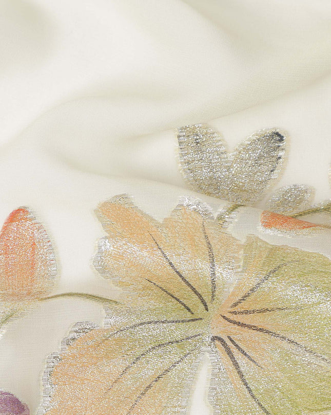 Ivory Floral Metallic Lurex Premium Pure Silk Chiffon Fabric 110 Cms Width South Korea-D28178