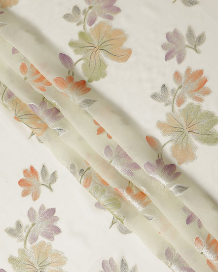 Ivory Floral Metallic Lurex Premium Pure Silk Chiffon Fabric 110 Cms Width South Korea-D28178 - Regal Fabrics