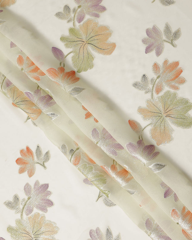 Ivory Floral Metallic Lurex Premium Pure Silk Chiffon Fabric 110 Cms Width South Korea-D28178