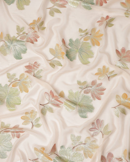 Beige Peach Floral Metallic Lurex Premium Pure Silk Chiffon Fabric 110 Cms Width South Korea-D28180 - Regal Fabrics