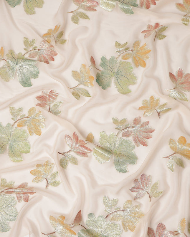 Beige Peach Floral Metallic Lurex Premium Pure Silk Chiffon Fabric 110 Cms Width South Korea-D28180
