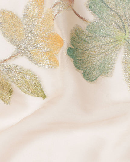 Beige Peach Floral Metallic Lurex Premium Pure Silk Chiffon Fabric 110 Cms Width South Korea-D28180 - Regal Fabrics
