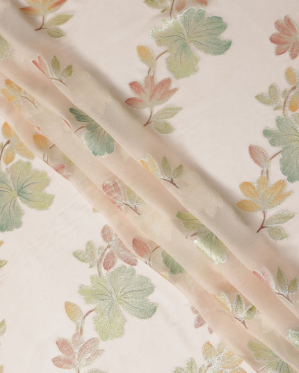 Beige Peach Floral Metallic Lurex Premium Pure Silk Chiffon Fabric 110 Cms Width South Korea-D28180 - Regal Fabrics