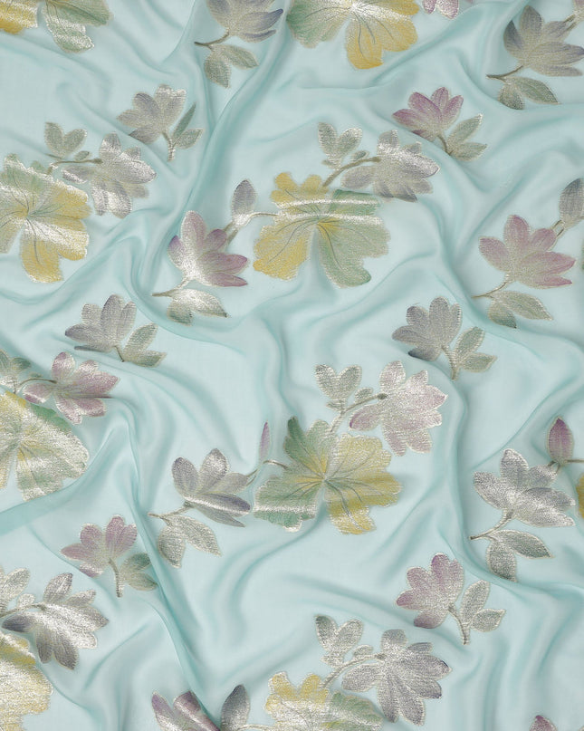 Mint Blue Floral Metallic Lurex Premium Pure Silk Chiffon Fabric 110 Cms Width South Korea-D28179