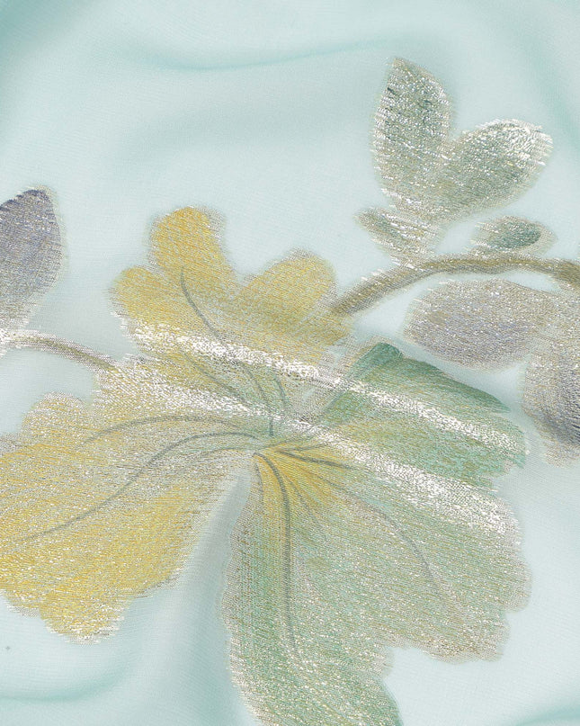 Mint Blue Floral Metallic Lurex Premium Pure Silk Chiffon Fabric 110 Cms Width South Korea-D28179