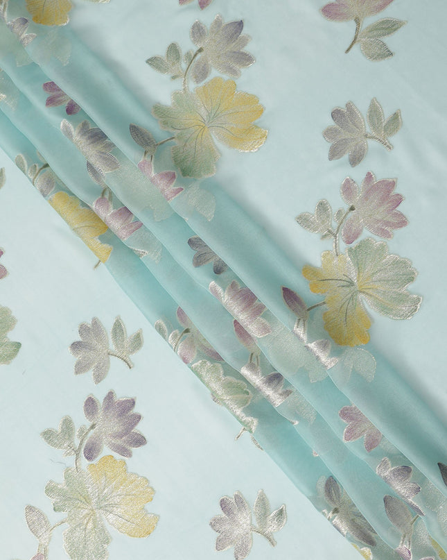 Mint Blue Floral Metallic Lurex Premium Pure Silk Chiffon Fabric 110 Cms Width South Korea-D28179