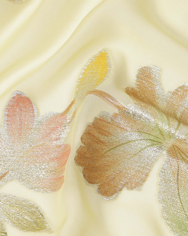 Pastel Yellow Floral Metallic Lurex Premium Pure Silk Chiffon Fabric 110 Cms Width South Korea-D28175