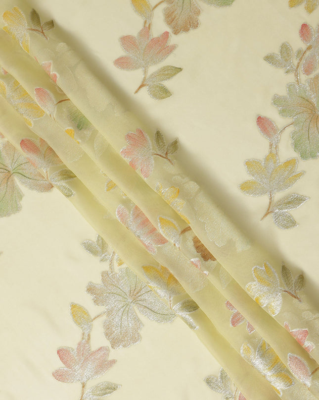 Pastel Yellow Floral Metallic Lurex Premium Pure Silk Chiffon Fabric 110 Cms Width South Korea-D28175