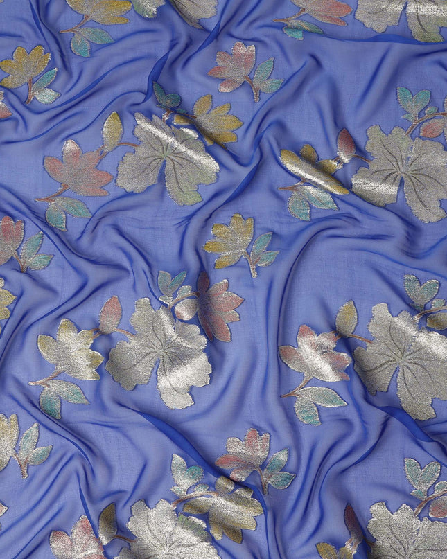 Royal Blue Floral Metallic Lurex Premium Pure Silk Chiffon Fabric 110 Cms Width South Korea-D28176