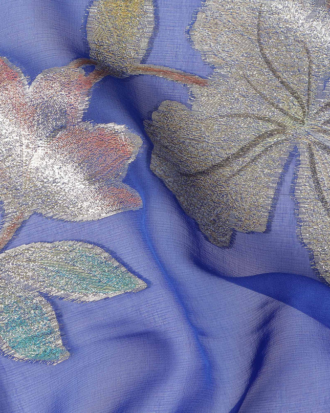 Royal Blue Floral Metallic Lurex Premium Pure Silk Chiffon Fabric 110 Cms Width South Korea-D28176