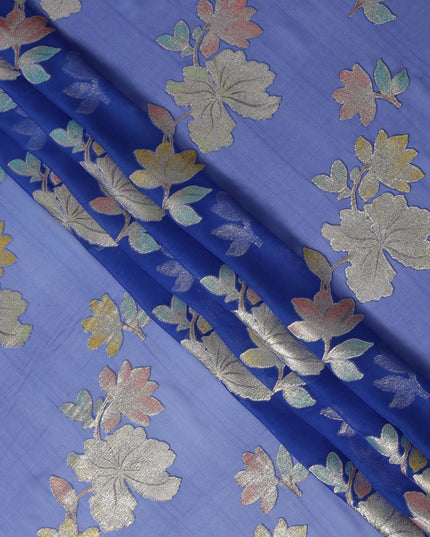 Royal Blue Floral Metallic Lurex Premium Pure Silk Chiffon Fabric 110 Cms Width South Korea-D28176 - Regal Fabrics