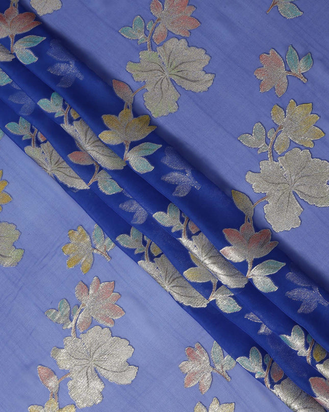 Royal Blue Floral Metallic Lurex Premium Pure Silk Chiffon Fabric 110 Cms Width South Korea-D28176