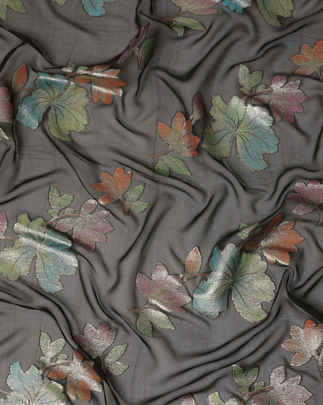Black Floral Metallic Lurex Premium Pure Silk Chiffon Fabric 110 Cms Width South Korea-D28177