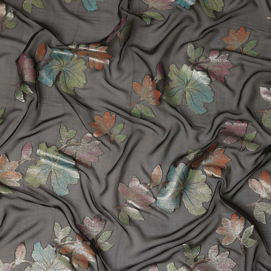 Black Floral Metallic Lurex Premium Pure Silk Chiffon Fabric 110 Cms Width South Korea-D28177 - Regal Fabrics
