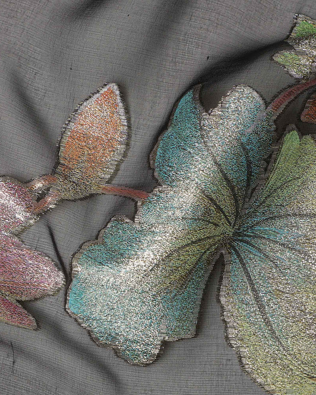 Black Floral Metallic Lurex Premium Pure Silk Chiffon Fabric 110 Cms Width South Korea-D28177