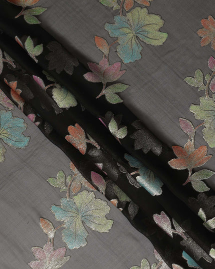 Black Floral Metallic Lurex Premium Pure Silk Chiffon Fabric 110 Cms Width South Korea-D28177 - Regal Fabrics