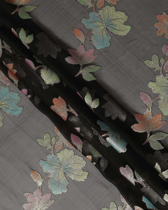 Black Floral Metallic Lurex Premium Pure Silk Chiffon Fabric 110 Cms Width South Korea-D28177