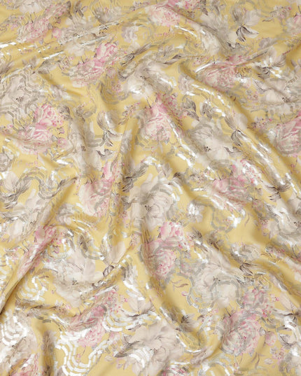 Butter Yellow Floral Metallic Pure Silk Crepe 140cm