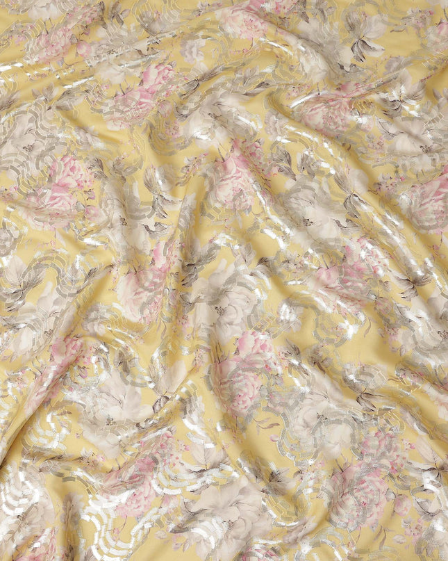 Butter Yellow Floral Metallic Pure Silk Crepe 140cm
