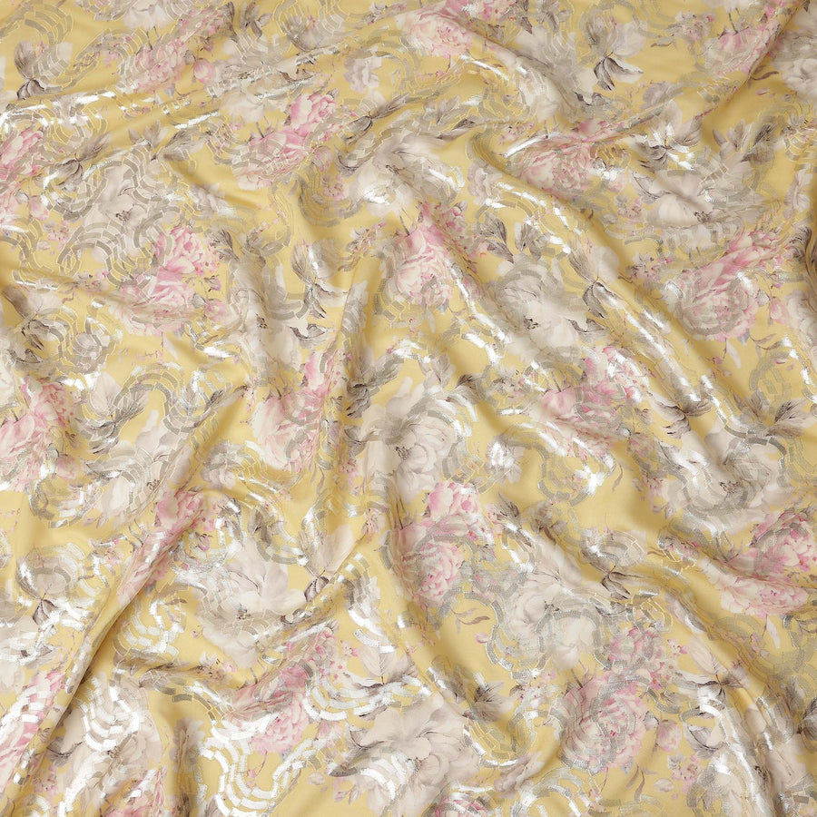 Butter Yellow Floral Metallic Pure Silk Crepe 140cm