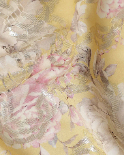 Butter Yellow Floral Metallic Pure Silk Crepe 140cm
