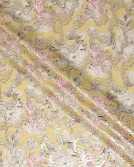 Butter Yellow Floral Metallic Pure Silk Crepe 140cm