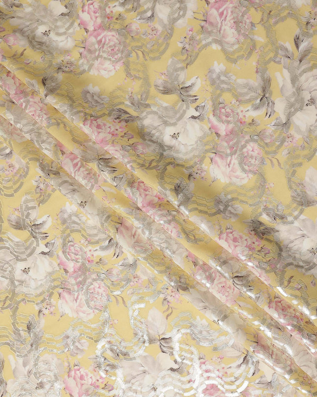 Butter Yellow Floral Metallic Pure Silk Crepe 140cm