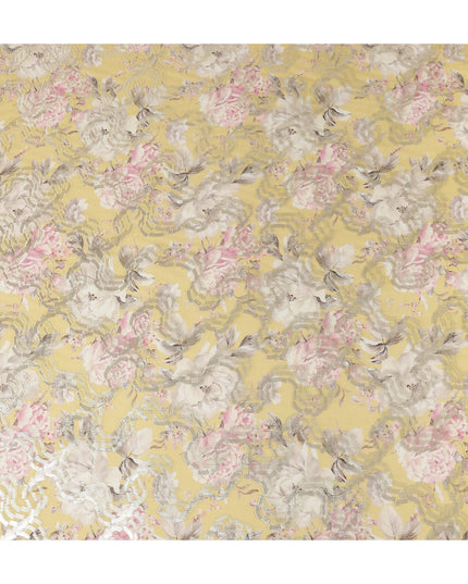 Butter Yellow Floral Metallic Pure Silk Crepe 140cm