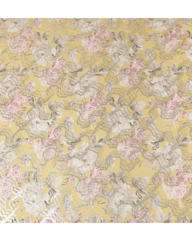 Butter Yellow Floral Metallic Pure Silk Crepe 140cm