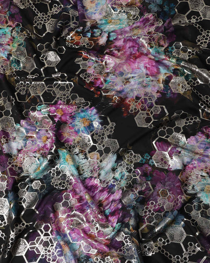 Midnight Black Jewel Floral Pure Silk Crepe 140cm