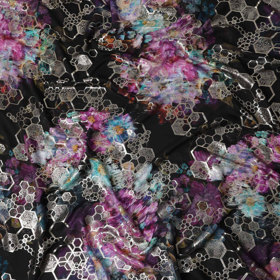 Midnight Black Jewel Floral Pure Silk Crepe 140cm