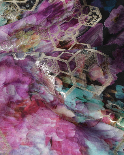 Midnight Black Jewel Floral Pure Silk Crepe 140cm