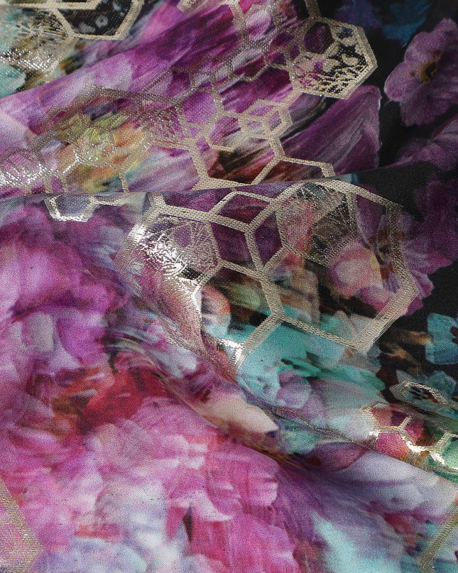 Midnight Black Jewel Floral Pure Silk Crepe 140cm