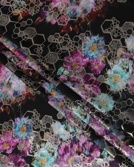 Midnight Black Jewel Floral Pure Silk Crepe 140cm