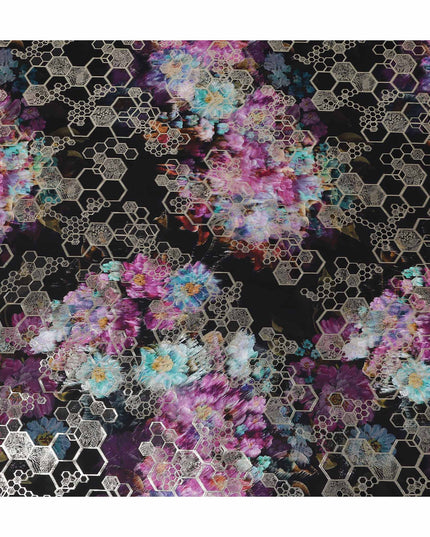 Midnight Black Jewel Floral Pure Silk Crepe 140cm
